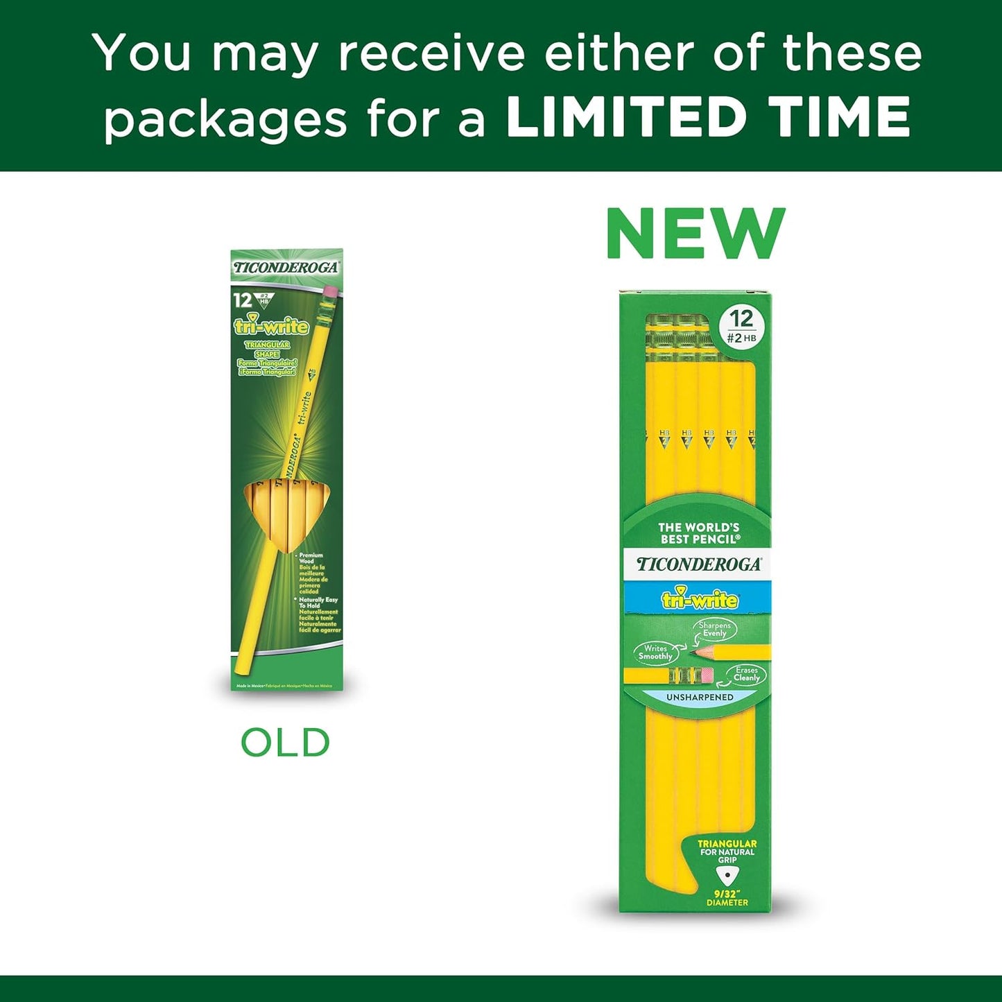 Tri-Write Wood-Cased Pencils, 2HB Soft, Yellow, 12 Count