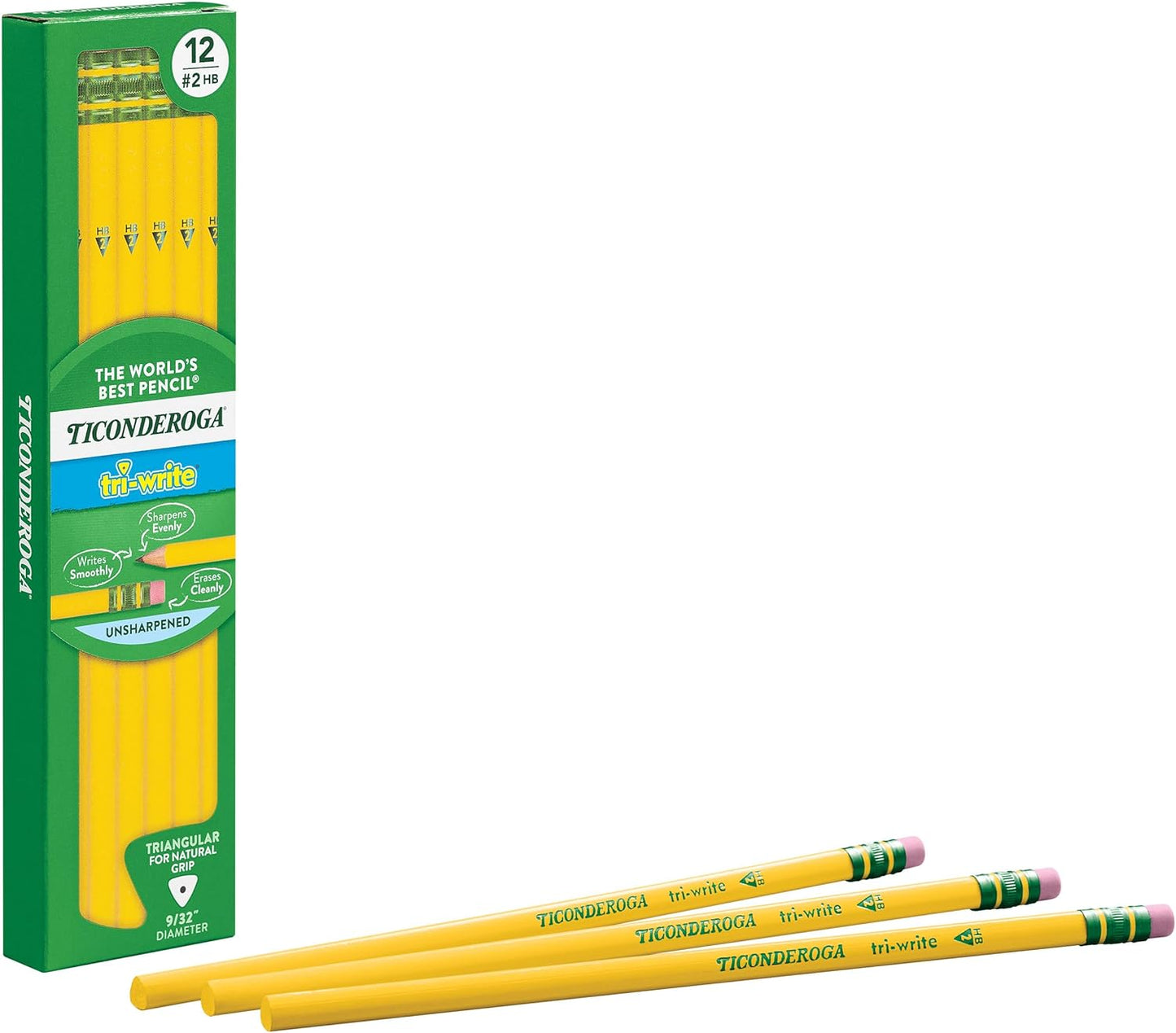 Tri-Write Wood-Cased Pencils, 2HB Soft, Yellow, 12 Count